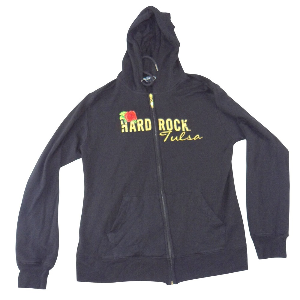 Hard Rock Tulsa Zip Up Hoodie Womens Large Black Gold Foil Rose Sequin